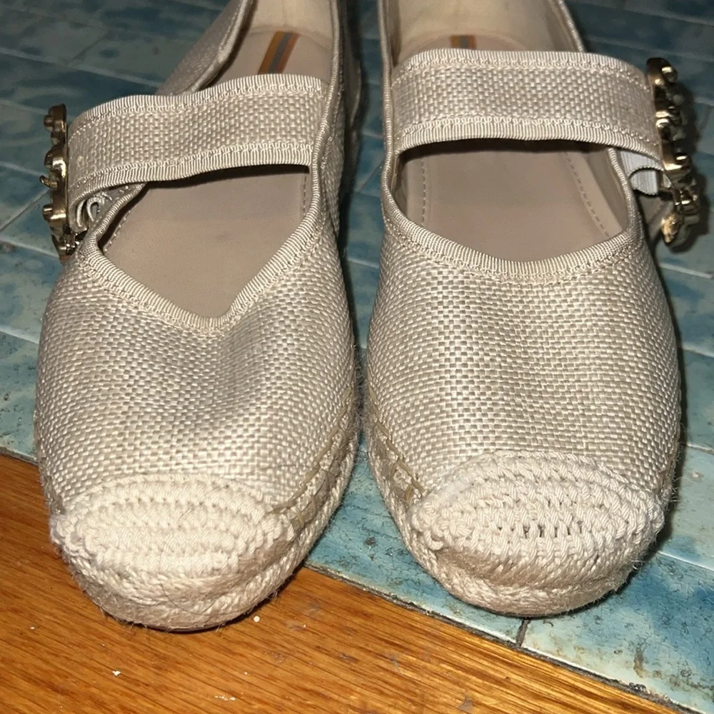 Sam Edelman Cream Espadrille Mary Jane Flats with Gold Buckle